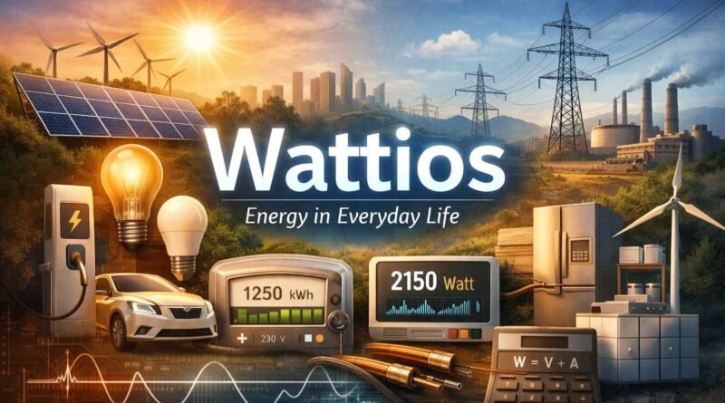 Artistic featured image showing wattios concept with solar panels, appliances, power meters, electric car and renewable energy elements in one modern energy scene