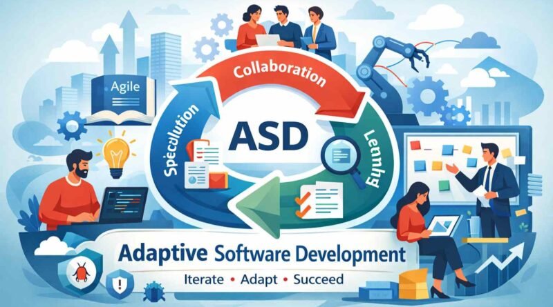 Illustration showing adaptive software development cycle with speculation collaboration and learning phases around ASD in an agile team environment