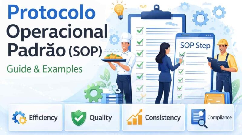 Protocolo Operacional Padrao (SOP) illustrated guide showing checklist, workers and icons for efficiency, quality, consistency and compliance