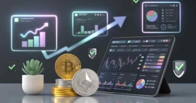 Illustration of a crypto workspace showing Robthecoins Investing portfolio, coins, charts and growth indicators.