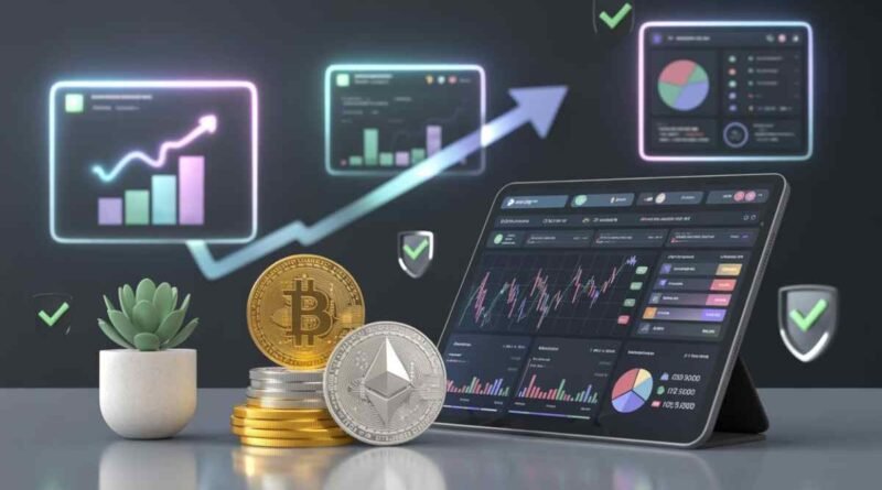 Illustration of a crypto workspace showing Robthecoins Investing portfolio, coins, charts and growth indicators.