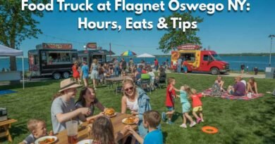 food truck at flagnet oswego ny outdoor dining scene with families and multiple food trucks