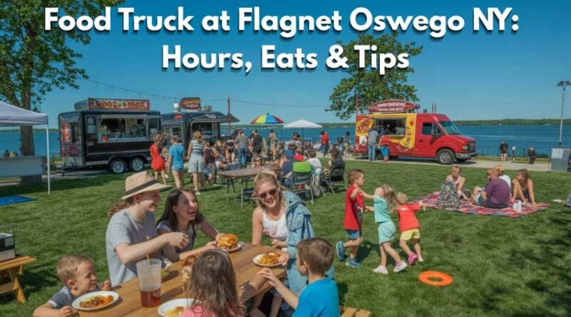 food truck at flagnet oswego ny outdoor dining scene with families and multiple food trucks