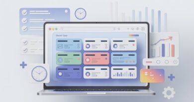 Illustration of a browser page startup with multiple tabs, productivity tools, and workflow icons on a clean, modern workspace.