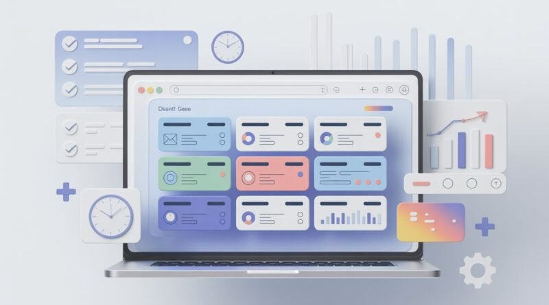 Illustration of a browser page startup with multiple tabs, productivity tools, and workflow icons on a clean, modern workspace.